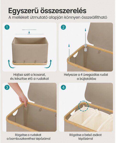 SONGMICS 3 rekeszes fedeles szennyeskosár, 150 L (60 x 38,5 x 70,5 cm), teveszín barna