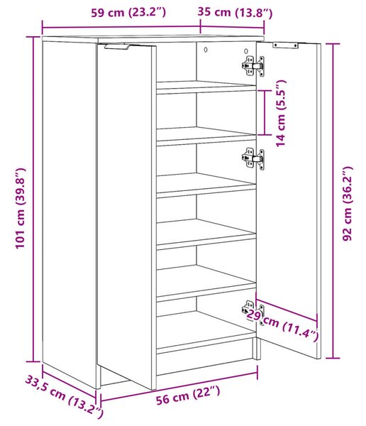 Cipőszekrény Fekete Tölgy 59x35x100 cm Műanyag