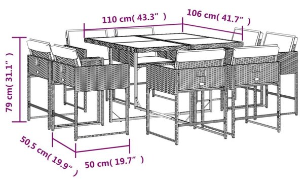 VidaXL 9 részes fekete polyrattan kerti étkezőgarnitúra párnákkal