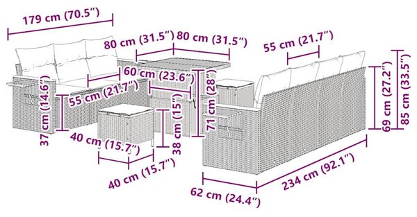 VidaXL Kerti Kanapé Szett 10 pcs Szürke Poli rattan és porfestett acél