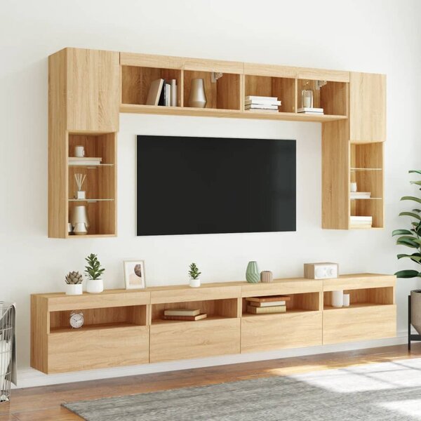 8 darab sonoma tölgy színű falra szerelhető TV-szekrény LED-del