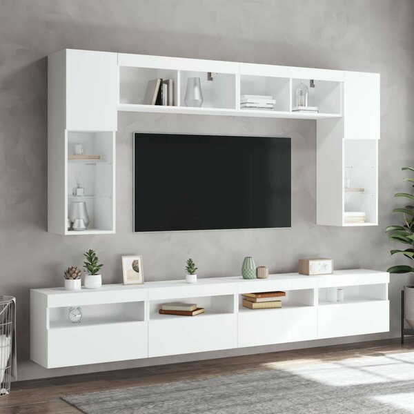 8 darabos fehér falra szerelhető TV-szekrényszett LED-ekkel
