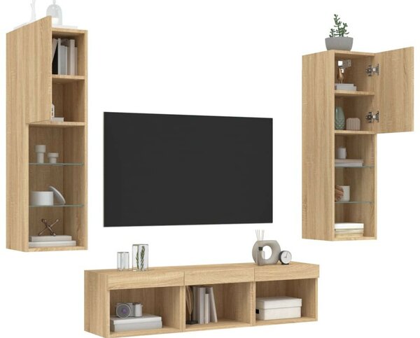 5 darab füstös tölgy színű szerelt fa TV-bútor LED-del