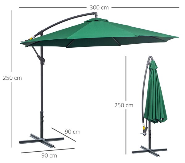 Outsunny kerti napernyő karral, dönthető, kereszt alakú talppal és tekerőkarral, 3x2,5 m, zöld