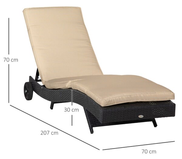 Outsunny kerti napozóágy PE rattanból, napozóágy állítható háttámlával és párnázott ülőpárnával, 207x70x70cm, fekete