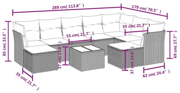 VidaXL 10 részes barna polyrattan kerti ülőgarnitúra párnákkal