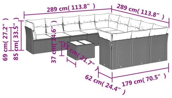 VidaXL 12 db barna polyrattan kerti kanapégarnitúra párnákkal