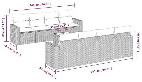 VidaXL 9 részes barna polyrattan kerti ülőgarnitúra párnákkal