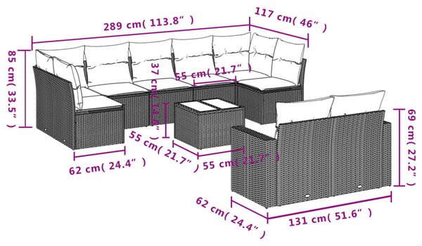 VidaXL 10 részes barna polyrattan kerti ülőgarnitúra párnákkal