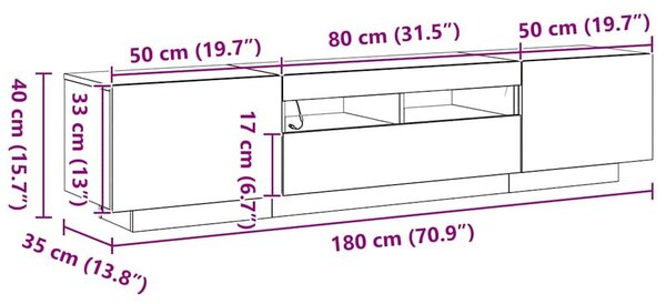 TV szekrény LED fényekkel fekete tölgy színben, 180x35x40 cm, mérnöki fa