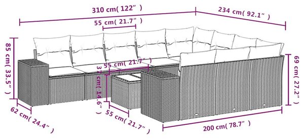 VidaXL 11 db szürke polyrattan kerti kanapégarnitúra párnákkal