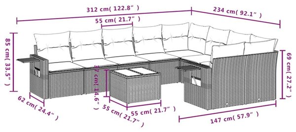 VidaXL 10 részes barna polyrattan kerti ülőgarnitúra párnákkal
