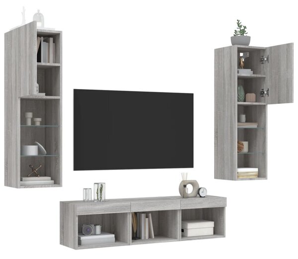 5 darab szürke sonoma színű szerelt fa fali TV-bútor LED-del