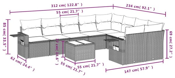 VidaXL 10 részes barna polyrattan kerti ülőgarnitúra párnákkal