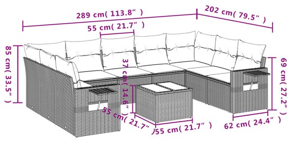 VidaXL 10 db barna polyrattan kerti kanapégarnitúra párnákkal
