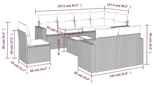 VidaXL 9 részes barna polyrattan kerti ülőgarnitúra párnákkal