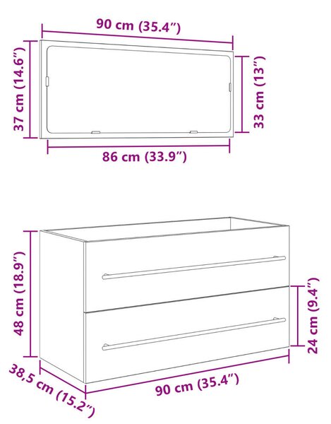 Mosdó Szekrény Tükörrel Fekete Tölgy 90x45x1,5 cm Mérnöki Fa