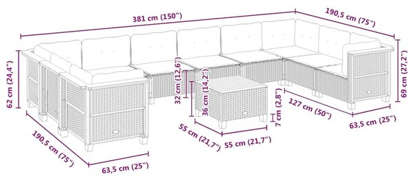 VidaXL 11 részes bézs polyrattan kerti ülőgarnitúra párnákkal