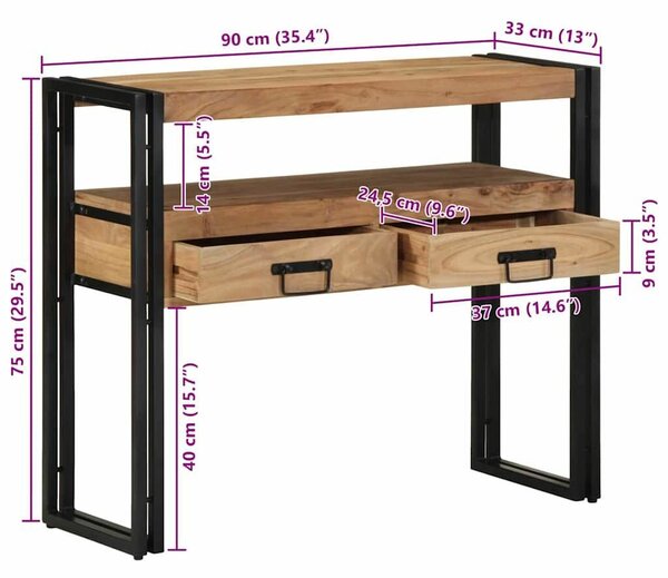 Konsole Asztal Fekete 90x33x75 cm Tömör Akácfa és Fém
