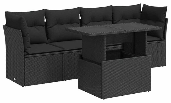 VidaXL 5 részes fekete polyrattan kerti kanapészett párnákkal
