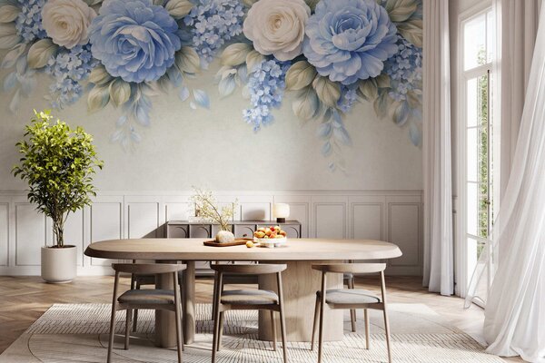 Fotótapéta Finom rózsák és virágcsokrok egy porcelán ihletésű botanikai kompozícióban,, Fotótapéta virágok és növények, w05495 : Uwalls.hu