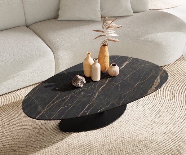 DELIFE Dohányzóasztal Edge ovális 140x75 cm Laminam® kerámia Noir Desir barna Vibany fém fekete