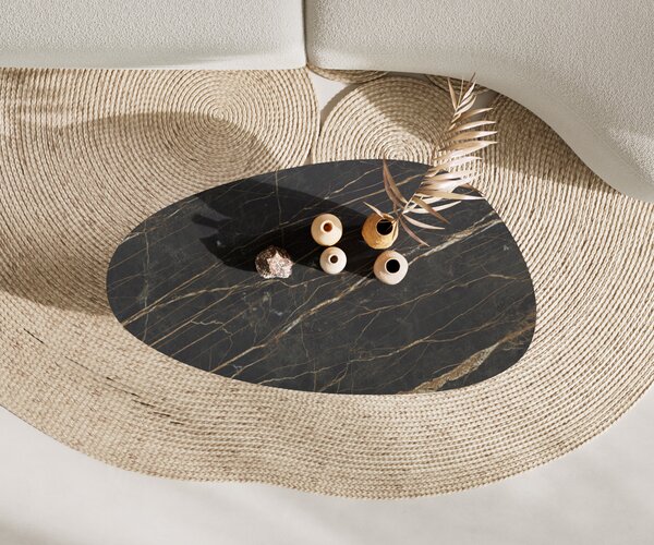 DELIFE Dohányzóasztal Edge ovális 140x75 cm Laminam® kerámia Noir Desir barna Vibany fém fekete