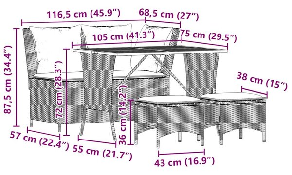 VidaXL 4 részes fekete polyrattan kerti étkezőszett párnákkal