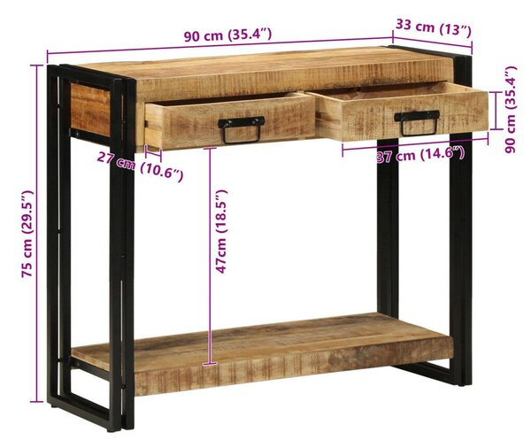 Konzolasztal 90x33x75 cm Tömör durva mangófából