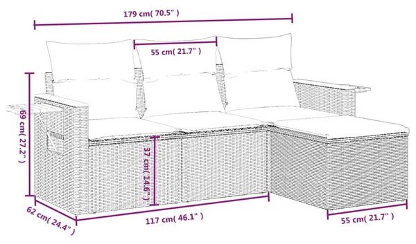 VidaXL 4 részes fekete polyrattan kerti ülőgarnitúra párnával