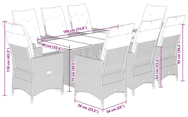 VidaXL 9 részes szürke polyrattan kerti étkezőgarnitúra párnával