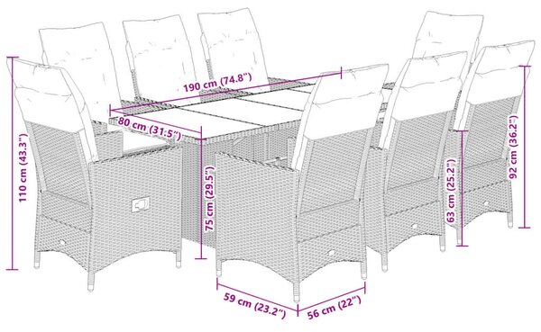 VidaXL 9 részes szürke polyrattan kerti étkezőgarnitúra párnával