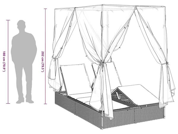 VidaXL Kettős Napozóágy Tetővel Bézs 205 x 129 x 200 cm PE rattan
