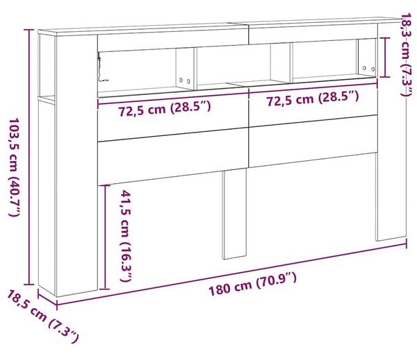 Tároló Fejtámla LED Fényekkel Fekete Tölgy 180x18,5x103,5 cm