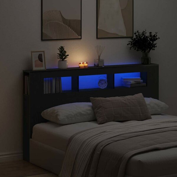Tároló Fejtámla LED Fényekkel Fekete Tölgy 180x18,5x103,5 cm