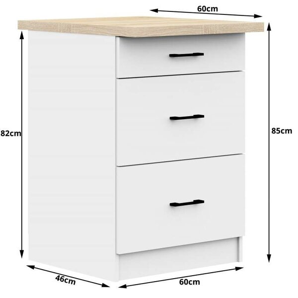Akord - Oliwia Konyhaszekrény, 60 cm, 3 Fiókkal, Fehér, Laminált, ABS Élzárás, Összeszerelésre Kész, Matt Frontok
