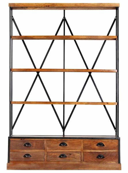 4-szintes tömör mangófa könyvespolc 6 fiókkal 122 x 36 x 181 cm