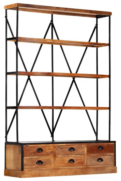 4-szintes tömör mangófa könyvespolc 6 fiókkal 122 x 36 x 181 cm