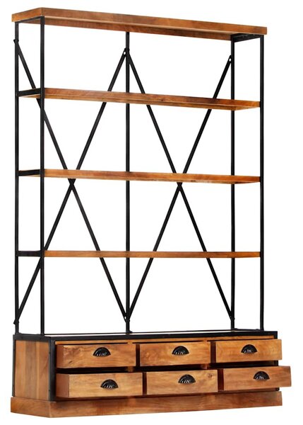 4-szintes tömör mangófa könyvespolc 6 fiókkal 122 x 36 x 181 cm