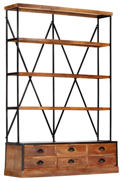 4-szintes tömör mangófa könyvespolc 6 fiókkal 122 x 36 x 181 cm
