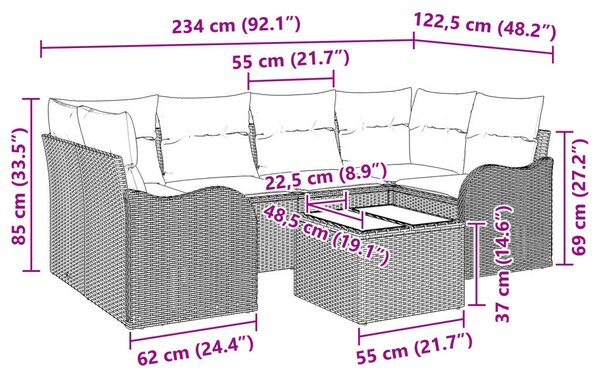 7 Darabos Kerti Kanapé Szett Párnákkal Világosszürke Poli Rattan, 2-Fős Kerti Kanapé Párnákkal Világosszürke Poli Rattan