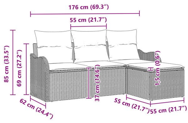 4 darabos kert kanapé szett párnákkal világosszürke poli rattan, 2 személyes kert kanapé párnákkal világosszürke poli rattan
