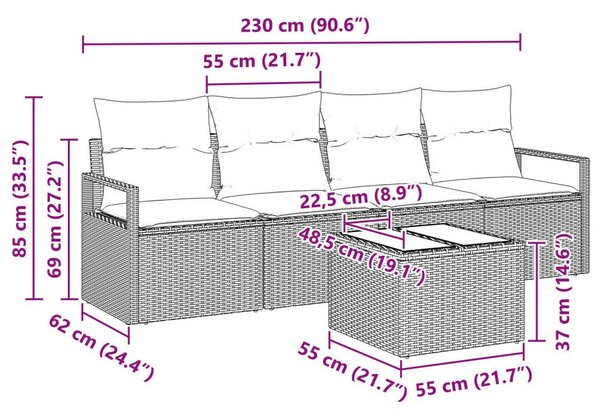 5 részes kert kanapé szett párnákkal Bézs poli rattan, 2 személyes kert kanapé párnákkal Bézs poli rattan
