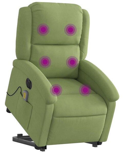 Elektromos felállást segítő világoszöld bársony masszázsfotel