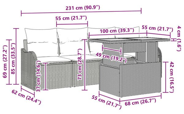 5 darabos kertikanapé szett párnákkal bézs poli ratten akáciával, 2 személyes kertikanapé párnákkal bézs poli ratten