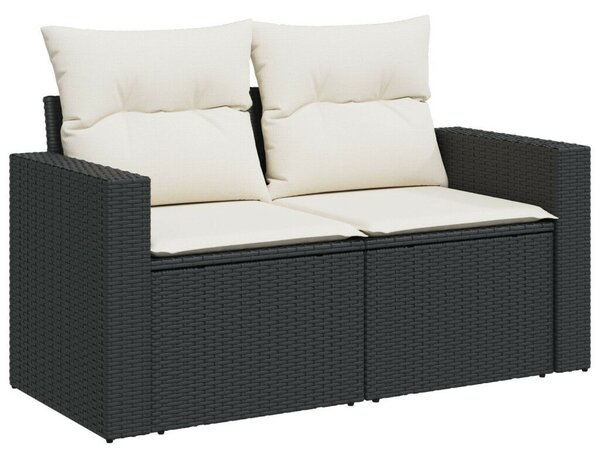 9 részes kert kanapé szett párnás, fekete, poli rattan akác, 3 részes kert étkező szett párnás, fekete, poli rattan akác