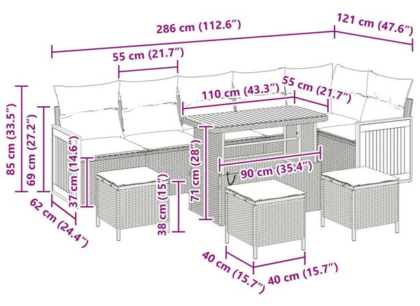 9 darabos kertibútor szett párnákkal, szürke poli rattan akácia, 2 személyes kertibútor párnákkal, szürke poli rattan, 3 darabos kertiparti étkező szett párnákkal, szürke poli rattan akácia