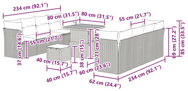 11 db-os Kert Kanapé Szett Párnákkal Fekete Poli Rattan Akác, 3 db-os Kert Étkező Szett Párnákkal Fekete Poli Rattan Akác