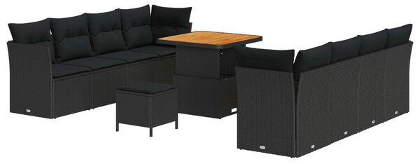 11 db-os Kert Kanapé Szett Párnákkal Fekete Poli Rattan Akác, 3 db-os Kert Étkező Szett Párnákkal Fekete Poli Rattan Akác