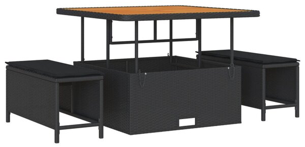 11 darabos kerti kanapé szett párnákkal Fekete Poli Rattan Akácia, 2 személyes kerti kanapé tárolóval és párnákkal Fekete Poli Rattan, 3 darabos kerti étkező szett párnákkal Fekete Poli Rattan Akácia